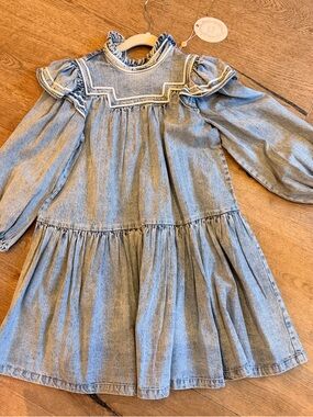 Girls Petite Amelie Light Blue Denim Ruffled Yoke Dress